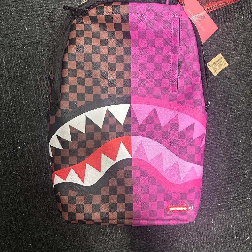 Sprayground Pink and Brown Checkered Shark Backpack